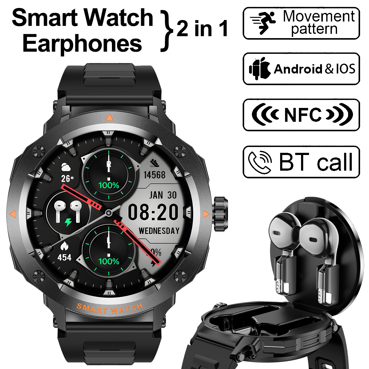 NFC Smart Watch Wireless Earph - Earbuds Charging Case บทวิจารณ์และราคา
